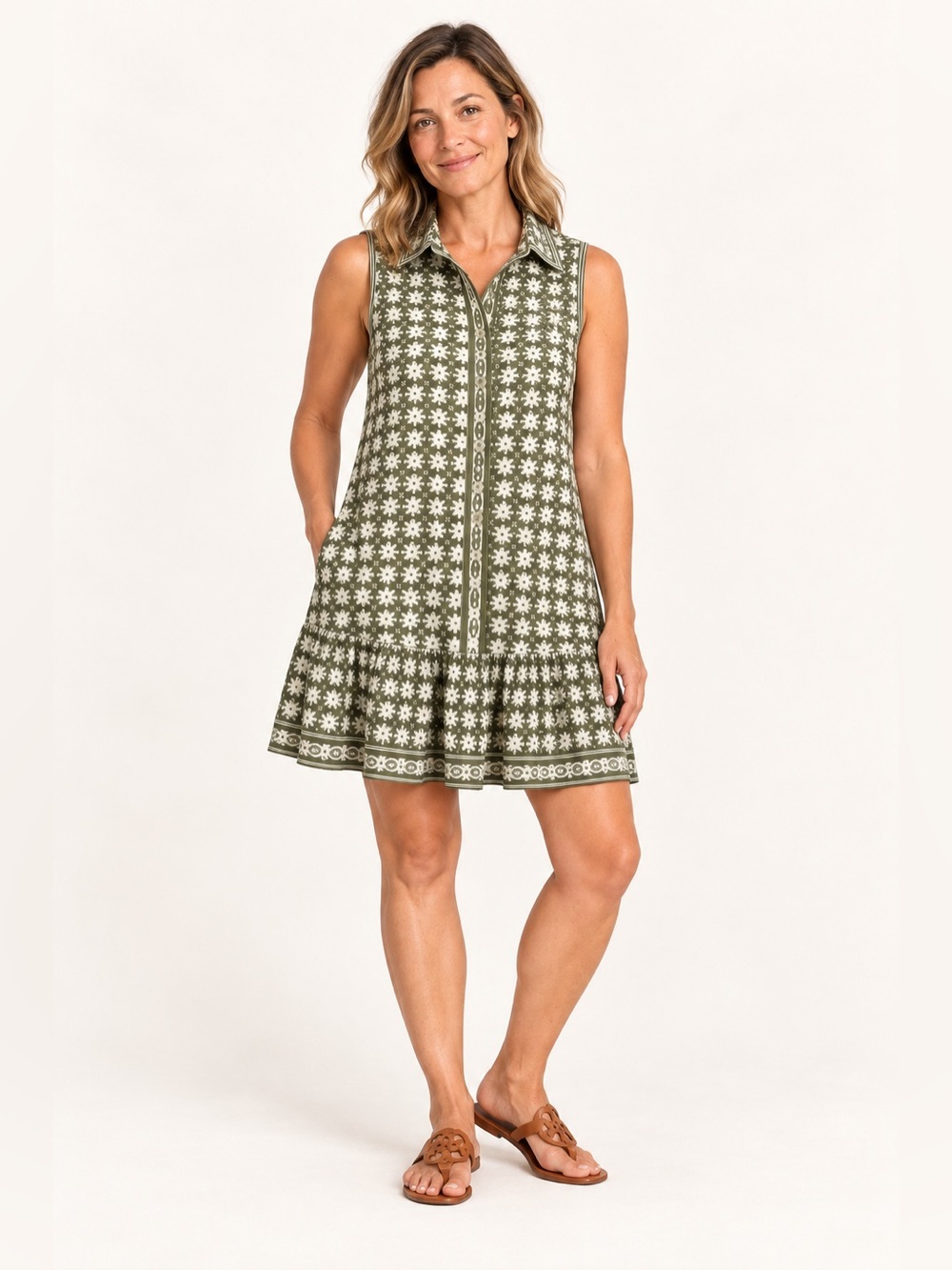 NWT Max Studio London Olive Print Sleeveless Shirt Dress Small